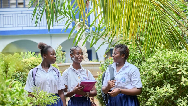 Young African students discussing plans on a campus walkway