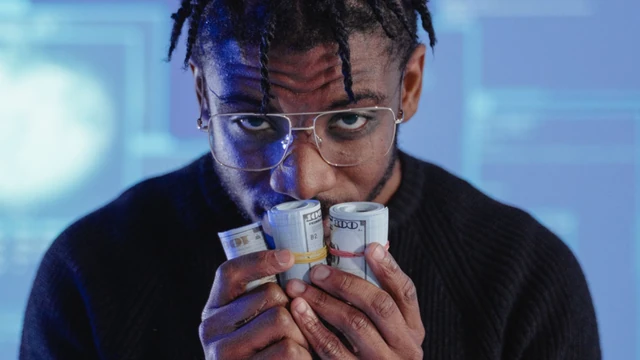 A person restrained by handcuffs while holding rolls of money